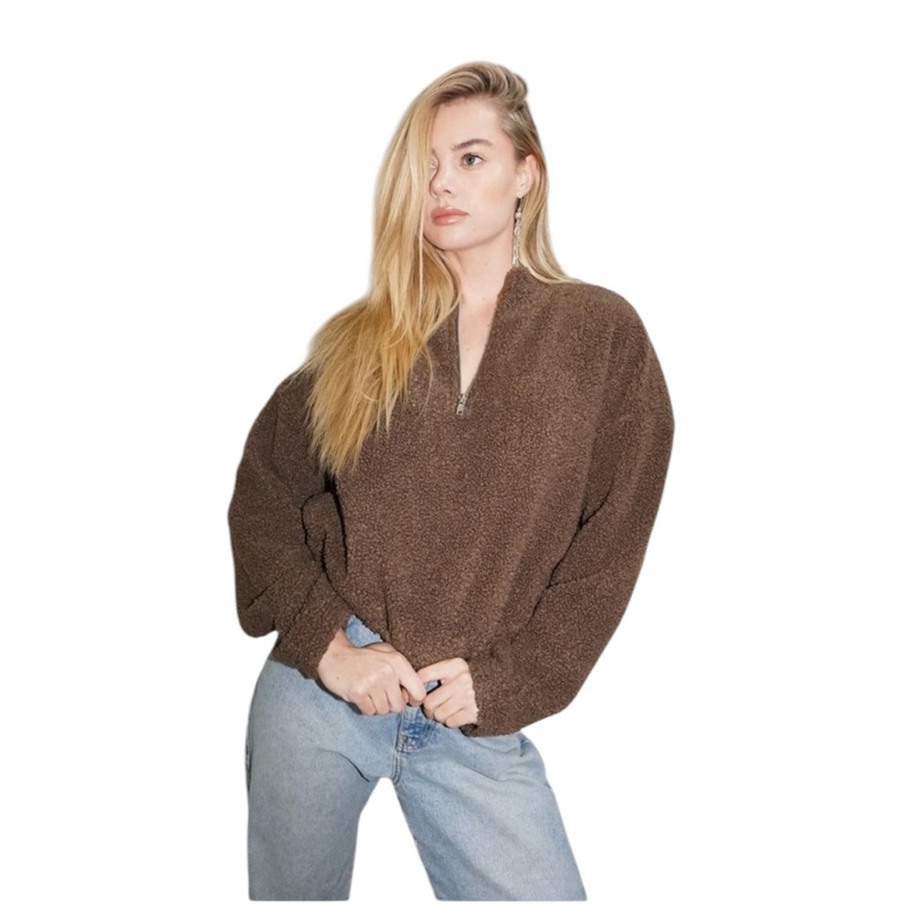 NWT LNA Clothing Sherpa Half Zip Sweatshirt In Brown Teddy Cozy Warm Gift XL‎
